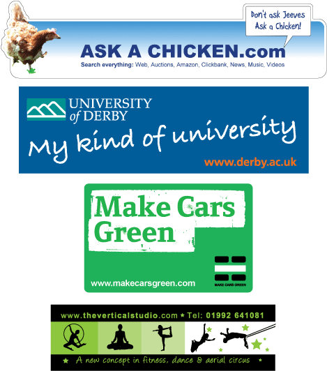 examples of vinyl car bumper stickers, both die cut and square cut
